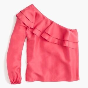 J Crew Womens One Shoulder Silk Shantung Top Size 8 Brilliant Poppy Ruffle NEW